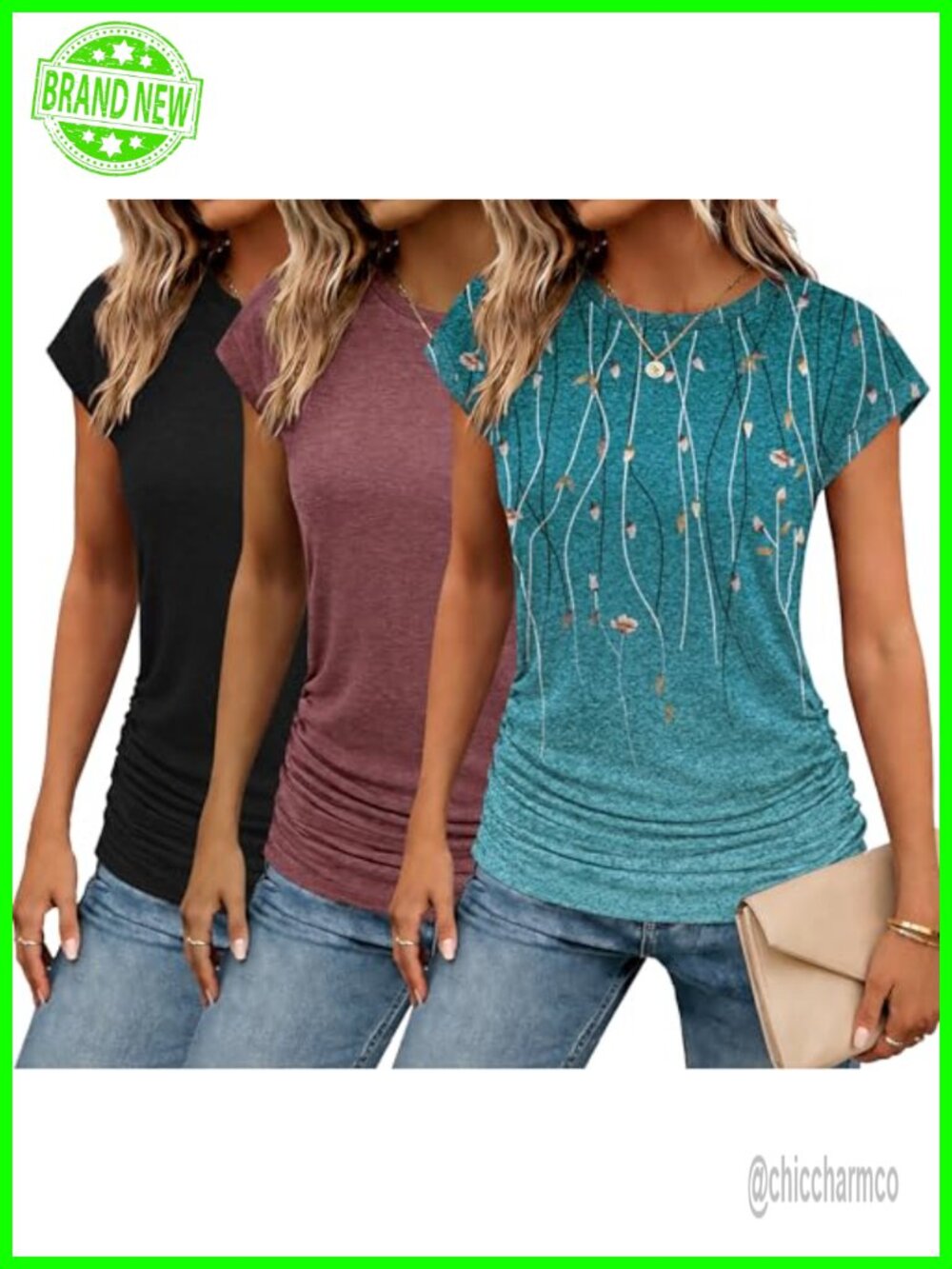 Women's Ruched Cap Sleeve Tunic Tee Crew Neck Stretch Pullover Top